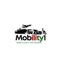 Mobility1 Group logo met silhouetten van vliegtuig, schip, bus, auto en motorfiets boven woordmerk ‘Mobility1’; rode ‘ili’, groene ‘ty1’ en groene tagline ‘Mobilizing the World’